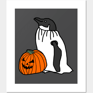 Penguin in Pumpkin Ghost Costume for Halloween Horror Posters and Art